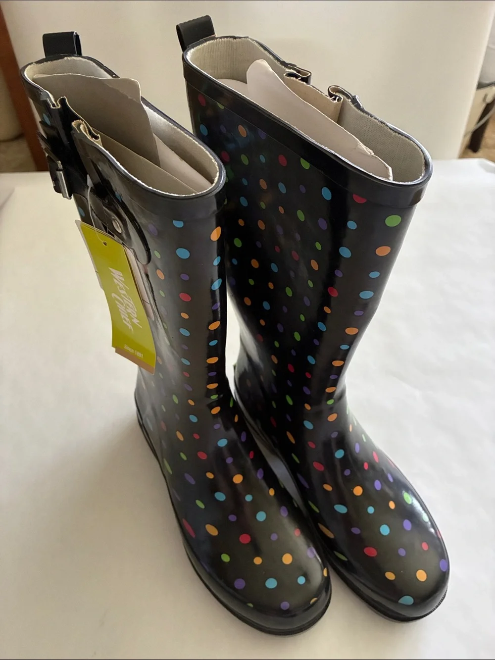 Western Chief Black Rain Boots with Multicolor Polka Dots